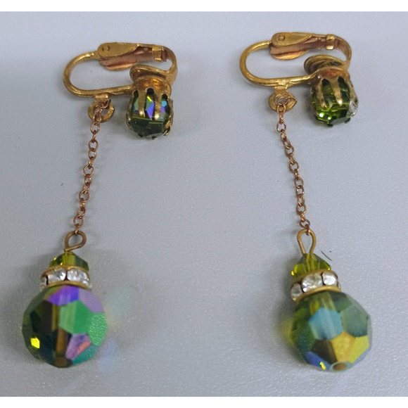 Unbranded Jewelry - Vintage Earrings Gold Tone Clip Ons Aurora Borealis Dangle Rhinestone